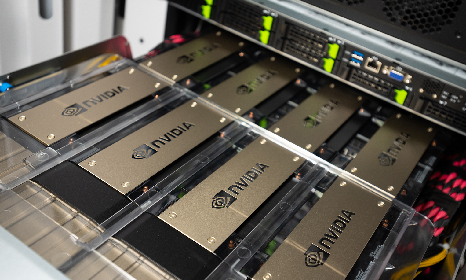 The Georgia Tech AI Makerspace is a supercomputer hub dedicated exclusively to teaching students. The first phase of the endeavor is powered by 20 NVIDIA HGX H100 systems, housing 160 NVIDIA H100 Tensor Core GPUs (graphics processing units), one of the most powerful computational accelerators capable of enabling and supporting advanced AI and machine learning efforts. (Photo: Candler Hobbs) The Georgia Tech AI Makerspace is a supercomputer hub dedicated exclusively to teaching students. The first phase of the endeavor is powered by 20 NVIDIA HGX H100 systems, housing 160 NVIDIA H100 Tensor Core GPUs (graphics processing units), one of the most powerful computational accelerators capable of enabling and supporting advanced AI and machine learning efforts. (Photo: Candler Hobbs)