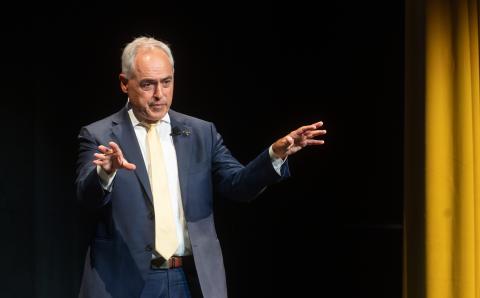 Georgia Tech President Ángel Cabrera delivers the 2024 Institute Address inside the Atlantic Theater at the John Lewis Student Center on the Georgia Tech campus in Atlanta, Georgia. 