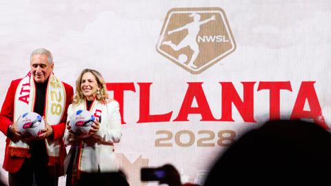 Arthur Blank and NWSL Commissioner Jessica Berman announce an Atlanta soccer franchise 