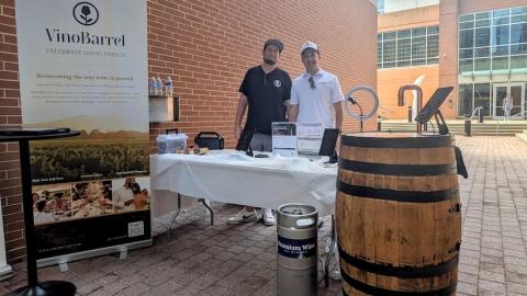 Alumni Christian Doetsch (left) and Seth Lytle brought their VinoBarrel demo to campus during the Tech Square Tech Hop in August.