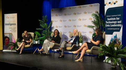 Dean Amanda Murdie and panelists Wendy H. Wong, Marilyn A. Brown, and Gwynn Monagle onstage during the AI & Society Series event on Oct. 8, 2026. 