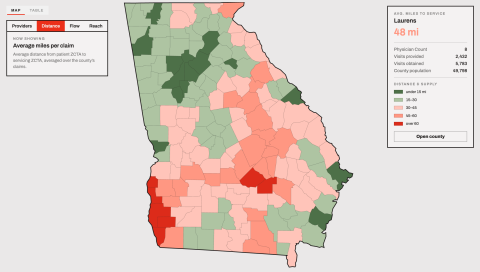 Distance traveled by patients to access medical services, by county in Georgia. 